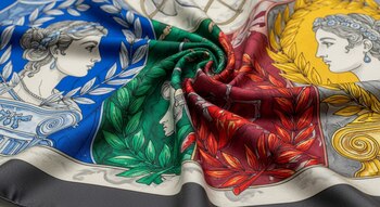 Primer plano de un pañuelo de seda colorido y doblado, mostrando ilustraciones de perfiles femeninos con coronas de laurel sobre fondos azul, verde y rojo.