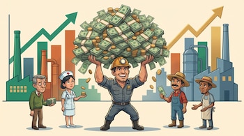Minero con muchos billetes y monedas. Anciano, enfermera, agricultor y obrero con poco dinero. Al fondo, fábricas y gráficos ascendentes.