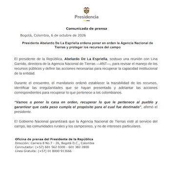El presidente de la República sostuvo una reunión con Lina Garrido, directora de la Agencia Nacional de Tierras para definir las acciones necesarias para recuperar la capacidad institucional de la entidad - crédito Presidencia