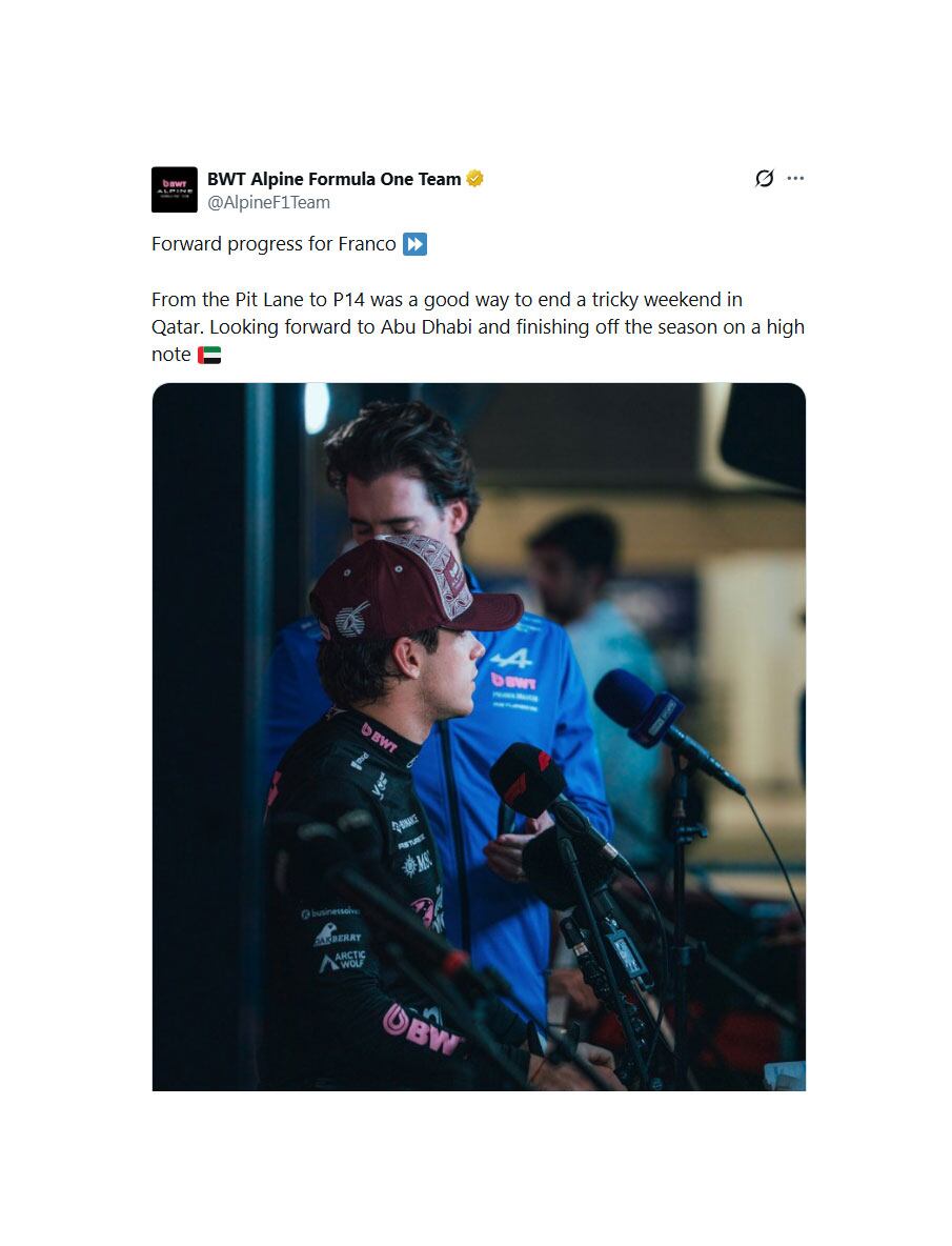El posteo de Alpine con elogio a Colapinto