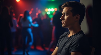 Un joven de perfil sentado en una silla, vestido con camiseta oscura, con personas difuminadas y luces rojas, azules y verdes al fondo.