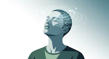 Ilustración de una persona de perfil con los ojos cerrados y la cabeza ligeramente levantada. Líneas y puntos luminosos circundan su cabeza.