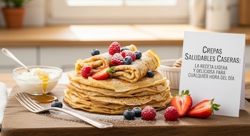 Gran pila de crepas con fresas, frambuesas y arándanos, espolvoreadas con azúcar glas, sobre una tabla de madera con un cartel de receta y yogur con miel.