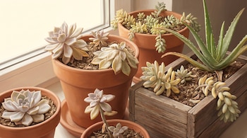 Ilustración fotorrealista de varias suculentas marchitas, incluyendo echeverias, sedums y aloe vera, en macetas de terracota y madera junto a una ventana.