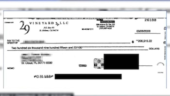 Captura de pantalla de un cheque de 29 Vineyard 29 LLC por $206.915,22. Muestra el nombre de la empresa, fecha 26/03/2026, cantidad y detalles borrosos