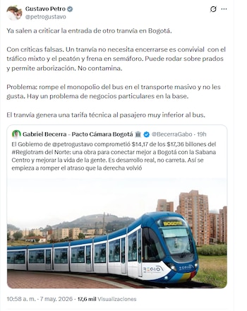 El jefe de Estado insistió en que las trabas impuestas al paso del tranvía por la capital del país no están basadas en aspectos técnicos ni riesgos del proyecto, sino en intereses privados - crédito @petrogustavo/X
