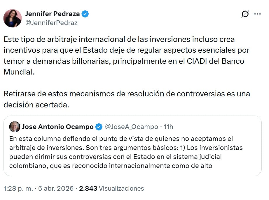Jennifer Pedraza lanzó fuerte crítica sobre la manera en que se está ejecutando el sistema de inversiones en Colombia - crédito @JenniferPedraz/X
