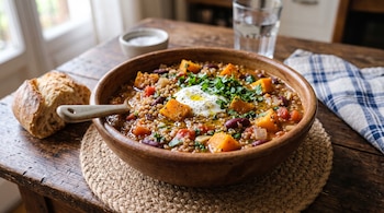 Cuenco de madera con guiso de quinoa, calabaza, porotos, crema y perejil, junto a un trozo de pan y un vaso con agua sobre una mesa.