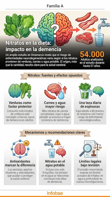 Infografía con dos cerebros, vegetales, carnes procesadas, carne roja y un grifo de agua. Ilustra el impacto de los nitratos dietéticos y del agua potable en la demencia.