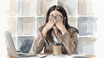 Ilustración acuarela de una persona con gafas que se cubre el rostro con las manos, sentada frente a un portátil y una taza de café.