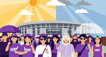 Ilustración de fans de BTS (ARMY) frente al Estadio GNP Seguros. El cielo muestra sol y lluvia. Llevan ropa púrpura, paraguas y sombreros.