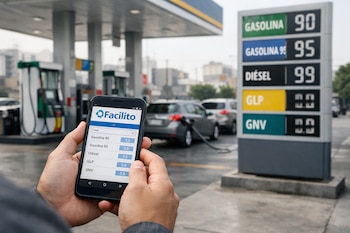 Manos sostienen un móvil con la app Facilito mostrando precios de combustible. De fondo, una estación de servicio con surtidores y cartel de precios.