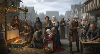 Comunidad medieval con trajes de época se congrega en una plaza con edificios de madera; realizan rituales con fuego, ofrendas y muestran apoyo mutuo.