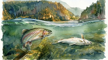 Ilustración en acuarela de una sección de río con montañas y árboles arriba, y bajo el agua, una trucha arcoíris y un pez pálido en el fondo.