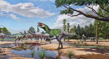 Ilustración artística de "Invictibellatrix amberina" (en el centro de la imagen) en su ecosistema de la Isla de Wight, Reino Unido, durante el Cretácico Inferior. Crédito: Sergey Krasovskiy and Pedro Salas. Imagen facilitada por University College London.