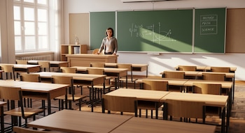 Maestra detrás de un pupitre en un salón de clases con bancas vacías, un pizarrón verde con ecuaciones y asignaturas, y una ventana.