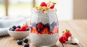 Vaso transparente de pudín de chía con capas de fresas, arándanos y frambuesas, coronado con granola. Frutos rojos y una cuchara yacen sobre una mesa de madera.