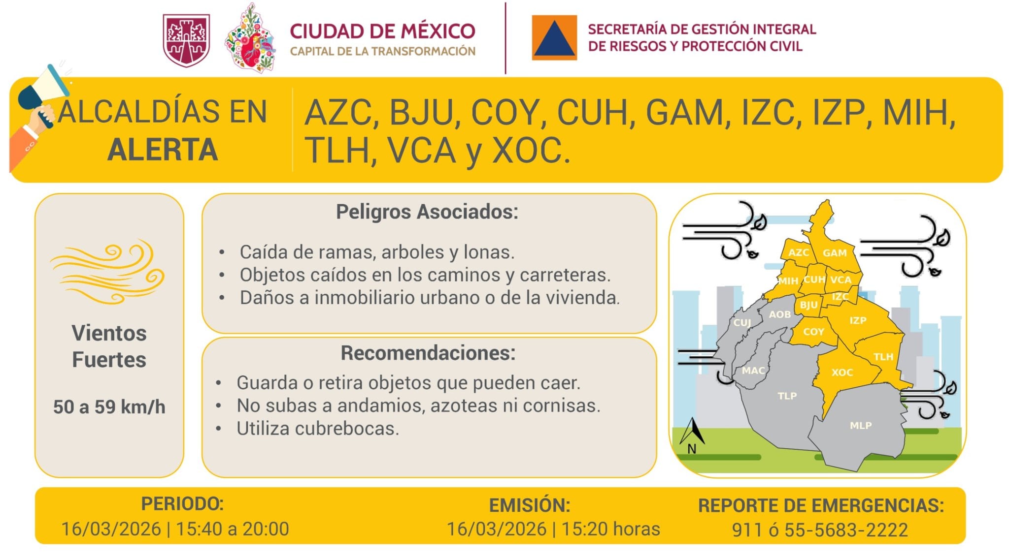 Activan alerta amarilla en la CDMX por vientos fuertes con rachas para hoy lunes 16 de marzo. Foto: X/@SGIRPC_CDMX.