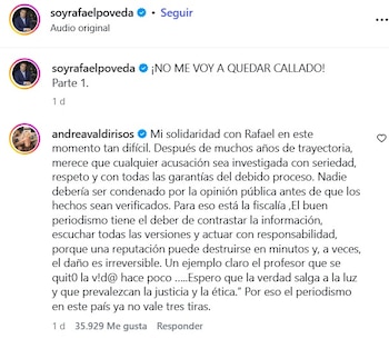 Andrea Valdiri pidió que el caso de Rafael Poveda sea investigado con debido proceso y sin una condena mediática anticipada - crédito @soyrafaelpoveda/IG