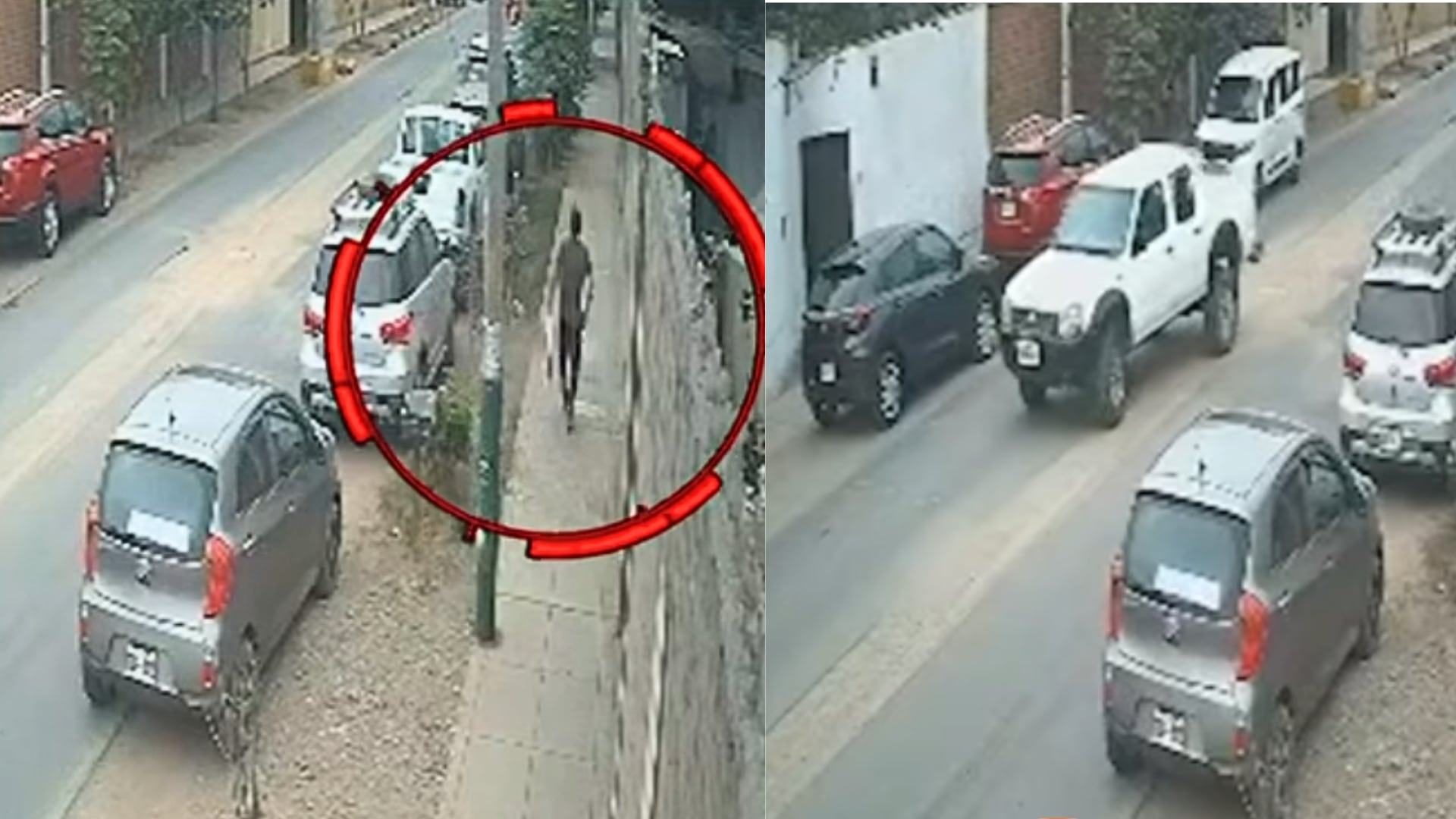 Las cámaras de seguridad registraron el desplazamiento de un sospechoso durante el robo de una camioneta en el distrito de Santa Anita, en Lima. (Composición: Infobae Perú / ATV Noticias)