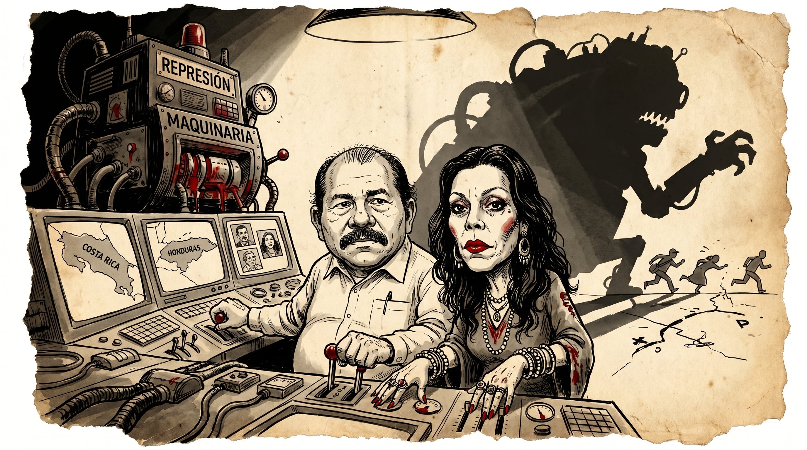 Daniel Ortega y Rosario Murillo controlan una maquinaria de represión con pantallas mostrando mapas de Costa Rica y Honduras y fotos de exiliados nicaragüenses, mientras figuras huyen de su sombra. (Imagen Ilustrativa Infobae)