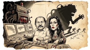 Caricatura: Daniel Ortega y Rosario Murillo manejan una consola con pantallas de mapas y exiliados; detrás, una máquina de represión y figuras huyendo.