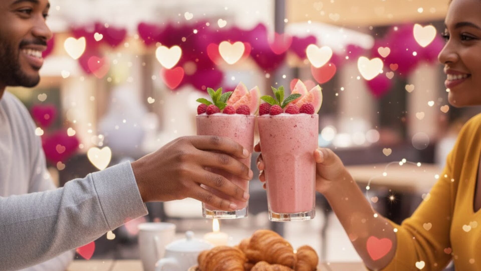Licuado rosa de guayaba y frambuesa servido en vaso alto, decorado con frutos frescos y menta.(Gemini)