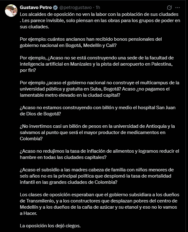 El presidente Gustavo Petro publicó un mensaje en el que defendió la inversión social de su gobierno y cuestionó a alcaldes de oposición por, según dijo, ignorar los avances en las ciudades - crédito Gustavo Petro/X