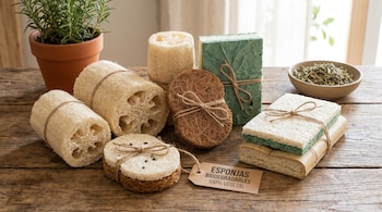 Varias esponjas biodegradables de diferentes formas y texturas, hechas de luffa y fibra de coco, exhibidas sobre una mesa de madera. Incluye una planta y un cuenco con hierbas secas.