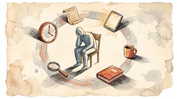 Figura humana sentada en una silla, rodeada de un reloj, una lista de tareas, una tableta, una taza de café, un libro y una lupa.