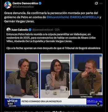 El Centro Democrático relacionó la reunión celebrada en Valledupar con la absolución de Uribe dictada por el Tribunal Superior de Bogotá - crédito @CeDemocratico / X