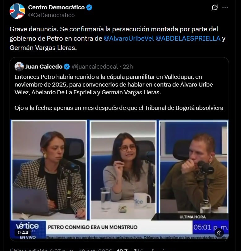 La exdirectora del Dapre Angie Rodríguez aseguró que recibió instrucciones para gestionar declaraciones de exparamilitares contra líderes opositores - crédito @CeDemocratico / X