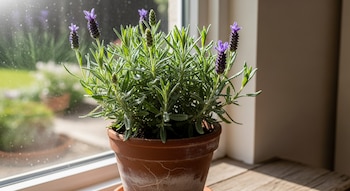 Primer plano de una lavanda dentada en maceta con flores moradas en un alféizar de madera, con un jardín verde borroso visible a través de la ventana.