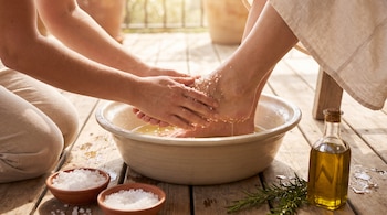 Manos aplican sal a los pies sumergidos en un cuenco con líquido, junto a un bote de aceite de oliva, recipientes con sal y romero.