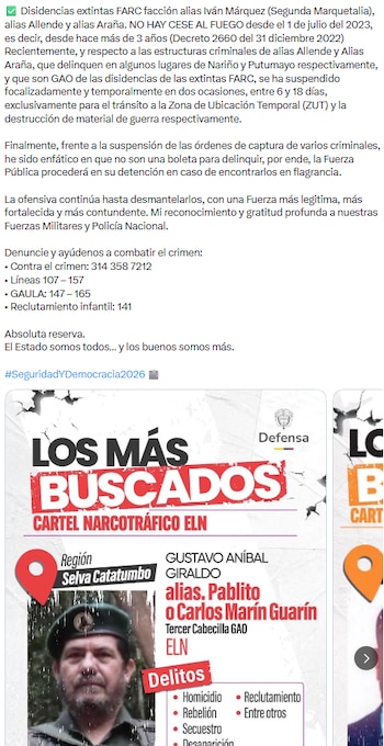 Pedro Arnulfo Sánchez advirtió que la suspensión de capturas no es permiso para delinquir - crédito @PedroSanchezCol/X