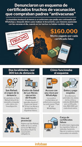 Infografía sobre el fraude de certificados de vacunación falsos en Mendoza. Muestra el mapa de la provincia, dinero, un teléfono, un certificado "trucho" y un esquema paso a paso.