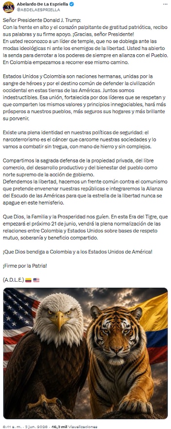 Abelardo de la Espriella agradeció respaldo del presidente Donald Trump y propuso alianza continental contra el comunismo - crédito @ABDELAESPRIELLA/X