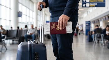 Persona de medio cuerpo con pasaporte peruano, pasaje aéreo y maleta azul. Fondo desenfocado de aeropuerto con señalética.
