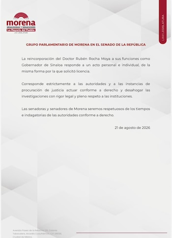 Las y los senadores de Morena se deslindan de la decisión de Rubén Rocha Moya.
Crédito: X/ @NachoMierV