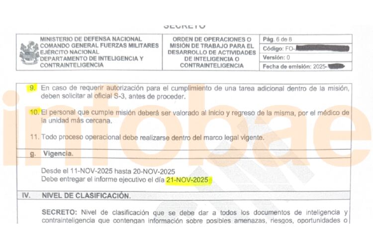 De acuerdo con el documento, el espionaje se registró entre el 11 y el 20 de noviembre de 2025 - crédito Suministrada a Infobae Colombia