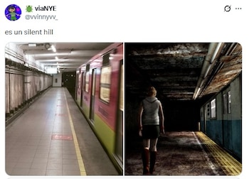 Collage de dos imágenes. Izquierda: Andén del Metro CDMX Línea 2 con un tren en movimiento. Derecha: Personaje de videojuego Heather Mason en un oscuro túnel
