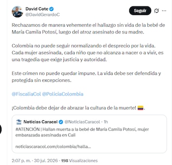 El representante David Cote rechazó el crimen cometido contra María Camila Potosí y su bebé - crédito @DavidGerardoC/X