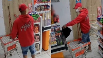 Díptico de imágenes de seguridad: hombre con sudadera roja, gorra roja, pantalón corto y mascarilla en un minimarket con carrito