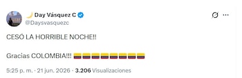 Day Vásquez publicó un mensaje de celebración tras conocerse la victoria de De la Espriella - crédito @Dayvasquezc/X