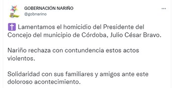 Mensaje de Gobernación de Nariño ante el asesinato de Julio César Bravo