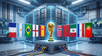 Trofeo de la Copa Mundial. Sala de servidores con racks, cables y diez banderas nacionales.
