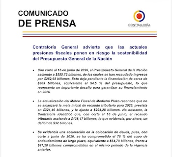 Contraloría advirtió los riesgos de las presiones fiscales - crédito @CGR_Colombia/X