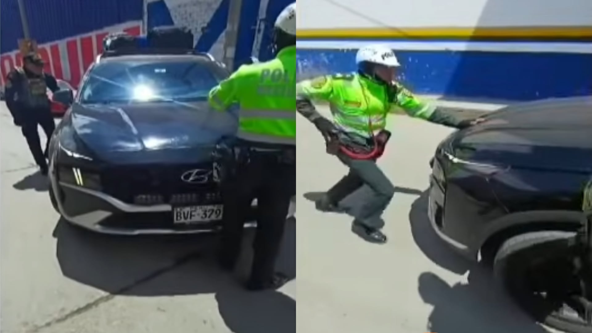 Un agente de la Policía Nacional del Perú interviene un vehículo informal cuyo conductor intentó embestirlo durante un control de transporte en Cajamarca. (Composición: Infobae Perú / TV Perú Noticias)