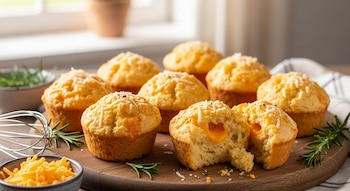Primer plano de nueve muffins de queso dorados sobre una tabla de madera, uno partido mostrando su relleno de queso, con romero fresco y queso cheddar rallado al frente.