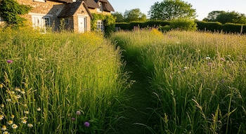 Sendero estrecho entre césped alto y flores variadas, con una casa de piedra y techo de paja visible al fondo bajo la luz del sol.